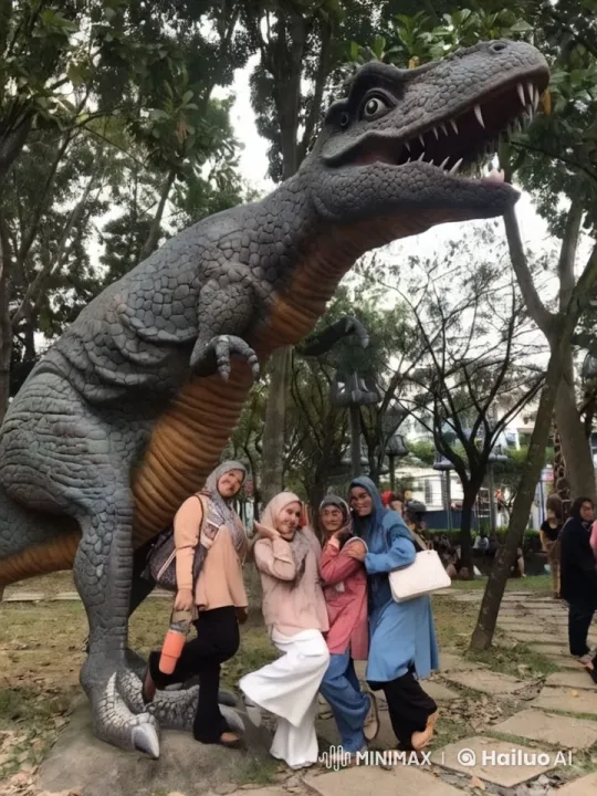 Colorful Kungfu Performers in Park with Dinosaur Statue – AI Generated Video | Hailuo AI