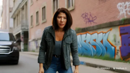 Woman Prepares for Intense Confrontation in Urban Setting – AI Generated Video | Hailuo AI