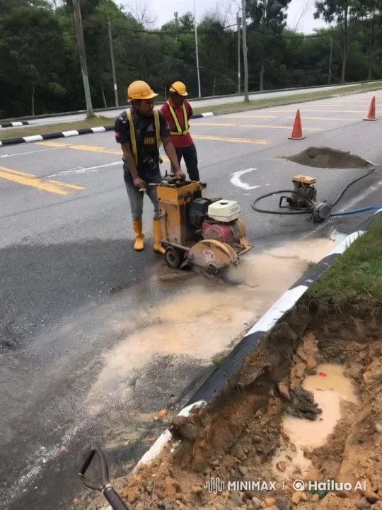 Construction Workers Performing Road Cutting Operation – AI Generated Video | Hailuo AI