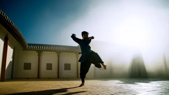 Martial Artist Performs Graceful Jump Kick in Misty Courtyard – AI Generated Video | Hailuo AI