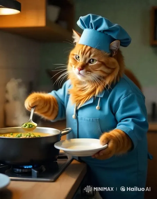 Ginger Cat Chef Makes Soup with Charm – AI Generated Video | Hailuo AI