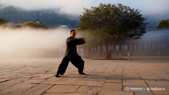 Kung Fu Master in Misty Courtyard Dawn Training – AI Generated Video | Hailuo AI