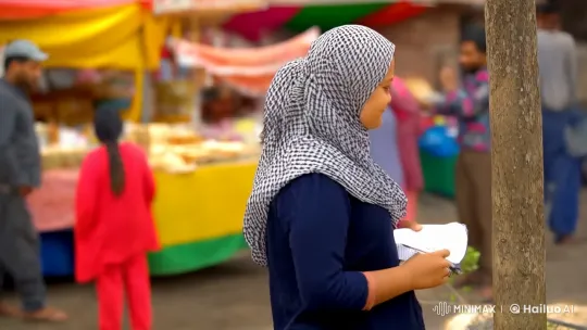 Young Woman Prepares for Announcement in Bustling Market – AI Generated Video | Hailuo AI
