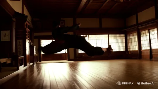 Aesthetic Martial Artist's Powerful Jump Kick in Dojo – AI Generated Video | Hailuo AI