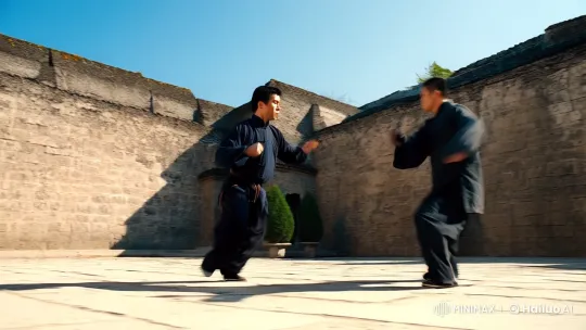 Aesthetic Kungfu Battle in Sunlit Courtyard – AI Generated Video | Hailuo AI