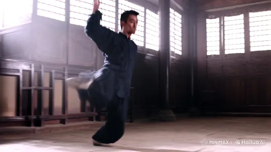 Martial Artist's Graceful Kungfu Display in Dimly Lit Hall – AI Generated Video | Hailuo AI
