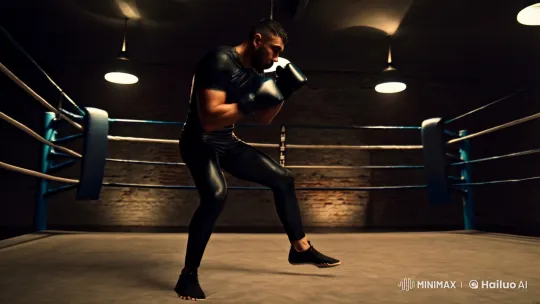 Dynamic Fight Scene: Artful Choreography in Shadowy Gym – AI Generated Video | Hailuo AI