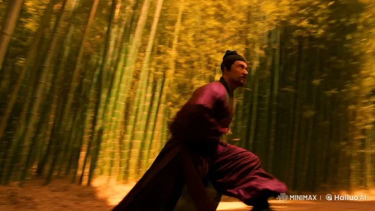 Martial Artist Performs Graceful High Kick in Bamboo Forest – AI Generated Video | Hailuo AI