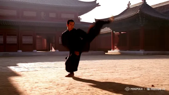 Kungfu Master's Graceful Jump Kick in Serene Courtyard – AI Generated Video | Hailuo AI