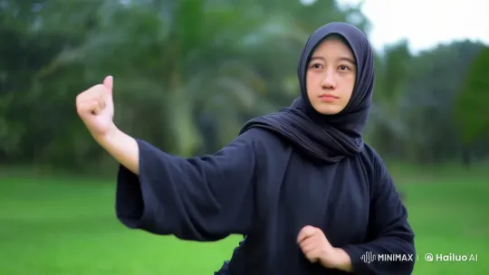 Young Woman in Hijab Practicing Kungfu in Nature – AI Generated Video | Hailuo AI