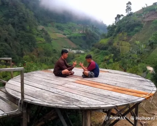 Kung Fu Practitioners Spar on Wooden Platform Amidst Nature – AI Generated Video | Hailuo AI