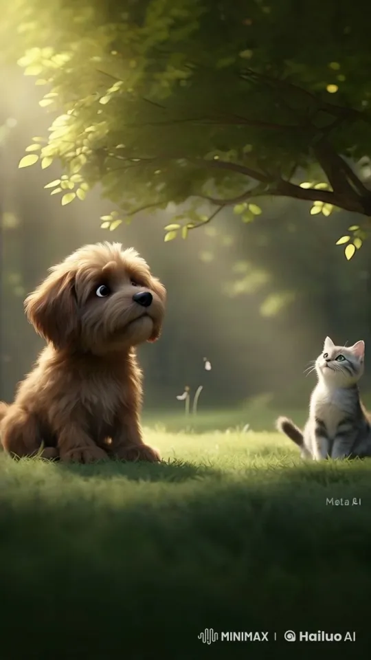 Dog and Cat Joyfully Play in a Sunlit Meadow – AI Generated Video | Hailuo AI