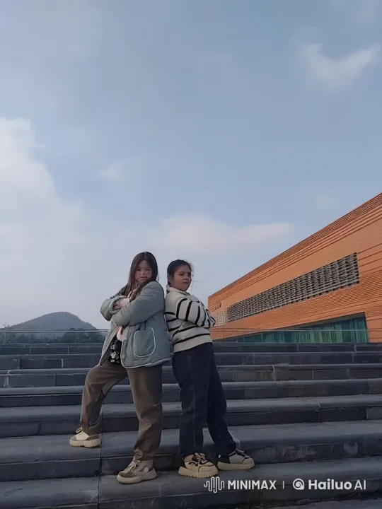 Girls' Playful Combat on Staircase in Front of Modern Building – AI Generated Video | Hailuo AI