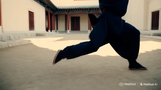 Martial Artist Performs Dynamic Jump Kick in Serene Courtyard – AI Generated Video | Hailuo AI