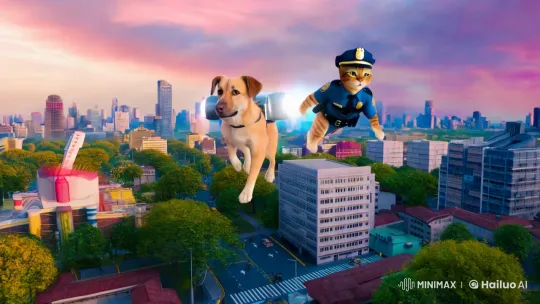 Jetpack Dog Flees Cat Officer in Futuristic Aerial Chase – AI Generated Video | Hailuo AI