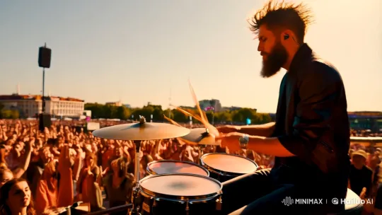 Bearded Drummer Captivates Kyiv Crowd with Dynamic Summer Performance – AI Generated Video | Hailuo AI