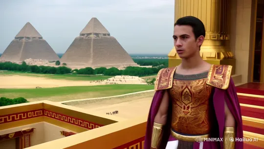 Royal Youth in Opulent Palace with Statue and Pyramids – AI Generated Video | Hailuo AI