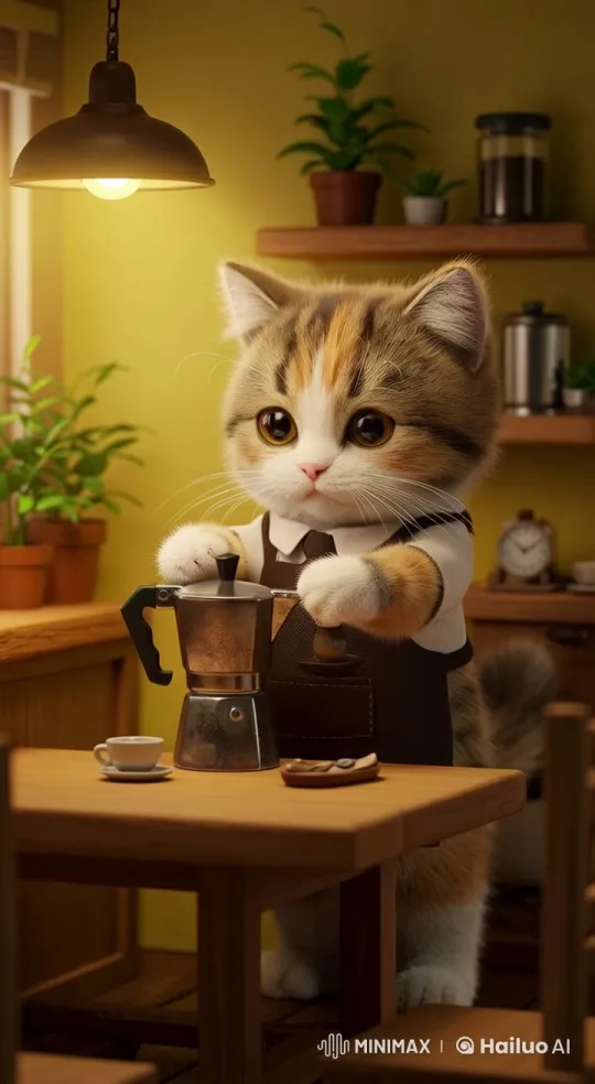 Cute Calico Cat Barista in Cozy Animated Kitchen – AI Generated Video | Hailuo AI