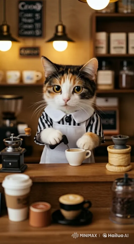Cute Calico Cat Prepares Coffee in Cozy Animated Cafe – AI Generated Video | Hailuo AI