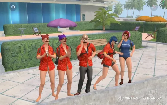Five Characters in Floral Shirts by a Pool – AI Generated Video | Hailuo AI