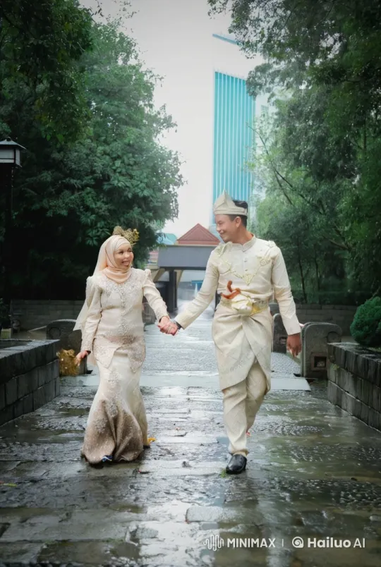Traditional Attired Couple Showcases Kungfu Skills on Rainy Pathway – AI Generated Video | Hailuo AI