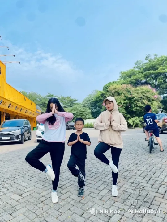 Yoga to Kung Fu: Trio's Energetic Practice in Parking Lot – AI Generated Video | Hailuo AI