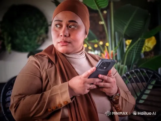 Woman in Hijab Engages with Smartphone in Serene Indoor Setting – AI Generated Video | Hailuo AI