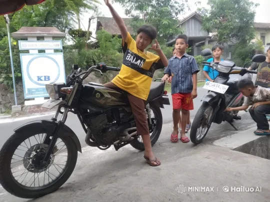 Children Around Motorcycles, One Poses in Kung Fu – AI Generated Video | Hailuo AI