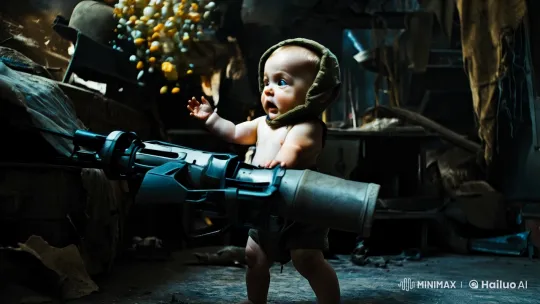 Baby with RPG Falls Amidst Chaos and Egg Cascade – AI Generated Video | Hailuo AI