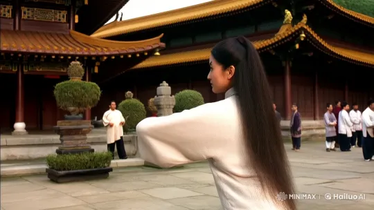 Young Woman Practicing Kungfu in Temple Courtyard – AI Generated Video | Hailuo AI
