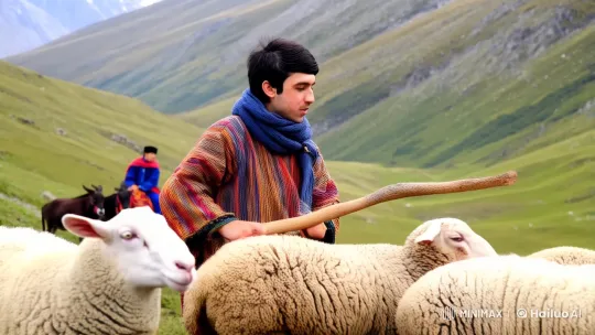 Young Herder Guides Flock in Mountainous Pastoral Scene – AI Generated Video | Hailuo AI
