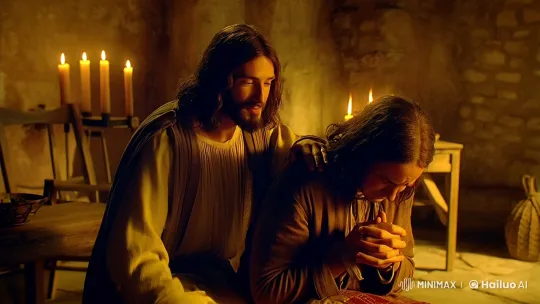 Intimate Encounter: Compassionate Christ Comforts the Despairing – AI Generated Video | Hailuo AI