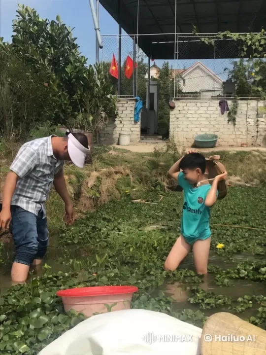 Rural Scene: Man and Boy in Water Amidst Nature – AI Generated Video | Hailuo AI