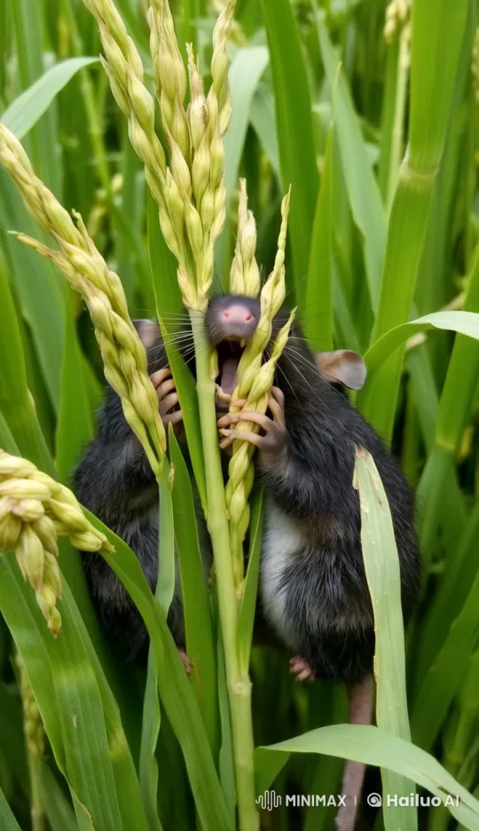 Mouse Enjoying Rice in a Vibrant Green Field – AI Generated Video | Hailuo AI