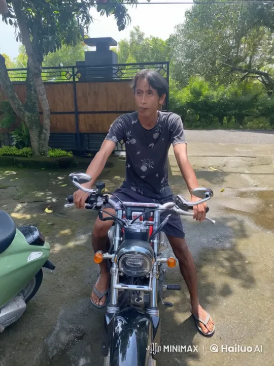 Person Prepares for Motorcycle Ride in Suburban Driveway – AI Generated Video | Hailuo AI