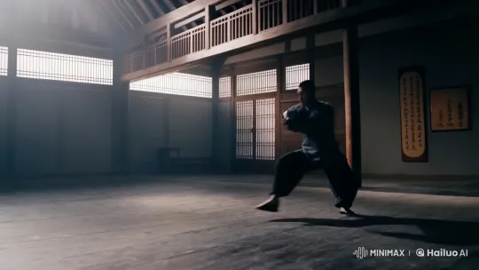 Martial Artist Performs Intense Kung Fu in Atmospheric Dojo – AI Generated Video | Hailuo AI