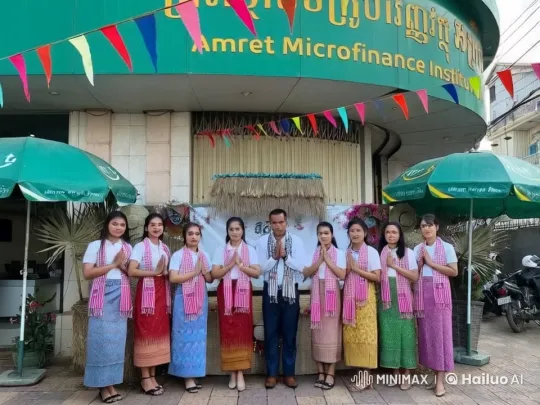 Traditional Dressed Group Performs Kungfu in Front of Amret Microfinance Institution – AI Generated Video | Hailuo AI