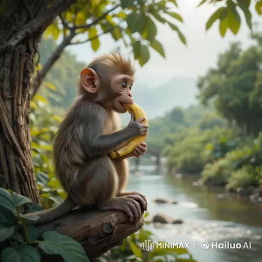 Monkey Enjoying Banana and Exploring Riverbank – AI Generated Video | Hailuo AI