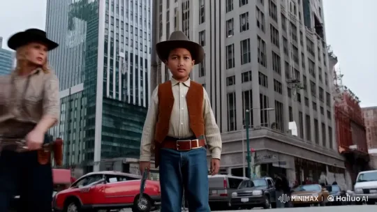 Young Cowboy in Modern City Street Standoff – AI Generated Video | Hailuo AI