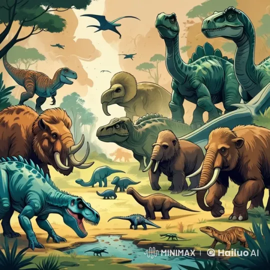 Prehistoric Creatures Coexist in Primeval Landscape – AI Generated Video | Hailuo AI