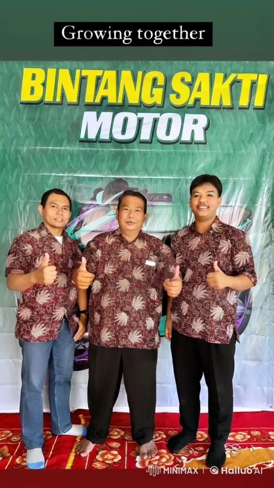 Three Men Celebrate Unity and Achievement in Bintang Sakti Motor Banner – AI Generated Video | Hailuo AI