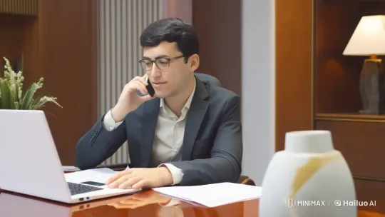 Young Professional in Formal Setting Engaged in Video Call – AI Generated Video | Hailuo AI
