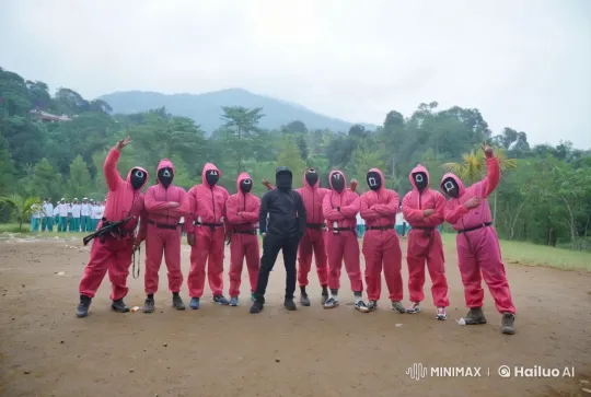 Group in Pink Jumpsuits Performs Impressive Kung Fu Against Mountain Backdrop – AI Generated Video | Hailuo AI