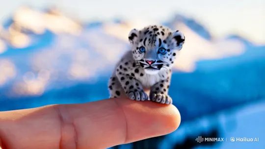 Magical Miniature Snow Leopard Cub on Finger in Alpine Dreamscape – AI Generated Video | Hailuo AI