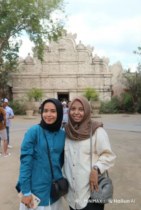 Friends Pose at Ornate Stone Building – AI Generated Video | Hailuo AI