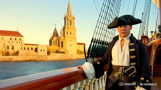 Pirate Captain on Grand Galleon, Church Spire Background – AI Generated Video | Hailuo AI