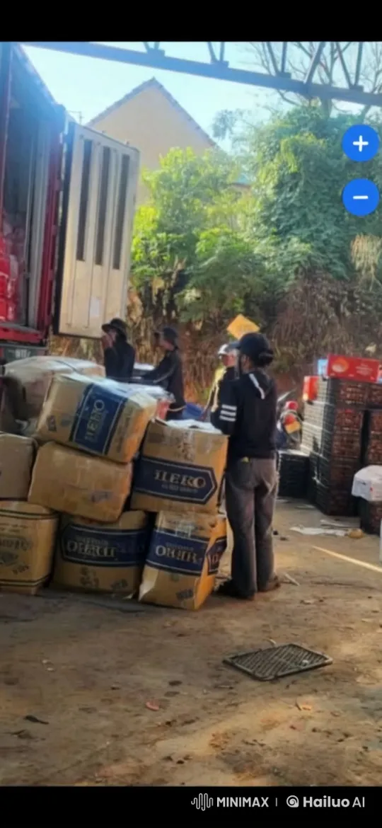Busy Industrial Yard: Workers Unload Boxes – AI Generated Video | Hailuo AI
