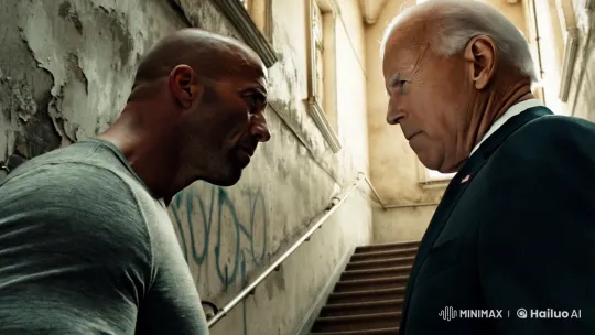 Jason Statham vs. Digital Joe Biden in Gritty Stairwell Fight Scene – AI Generated Video | Hailuo AI