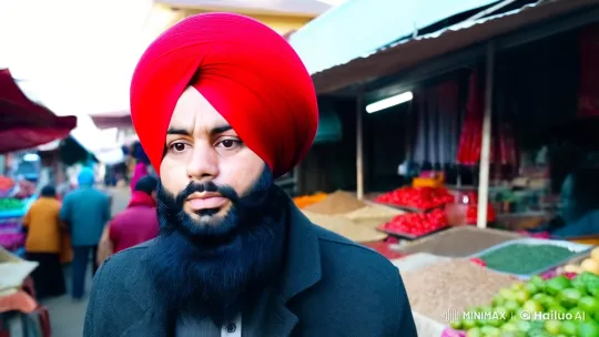 Sikh Man Walks Through Bustling Market with Determination – AI Generated Video | Hailuo AI