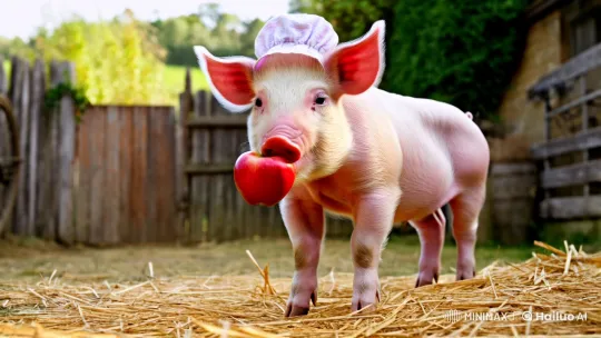 Piglet Enjoying Apple in Rustic Barnyard Setting – AI Generated Video | Hailuo AI